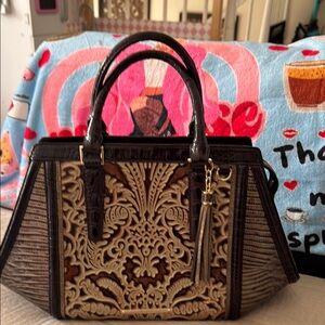 Brahmin Brown and Cream Satchel with Intricate Design